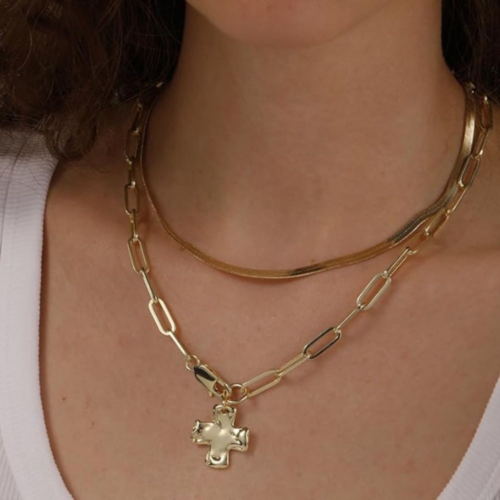 NEW 14K Gold Silver Layered Statement Cross Pendant Charm Gold Chain Necklace - Picture 4 of 4